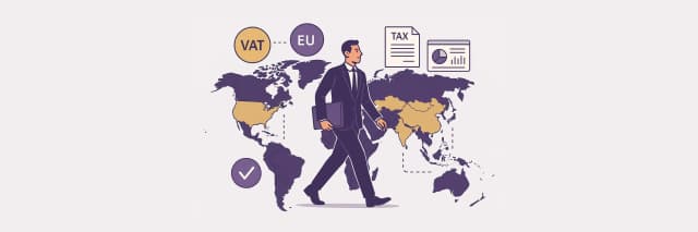 Global VAT tax registration services for US companies illustration showing businessman walking across world map with VAT and EU compliance icons.
