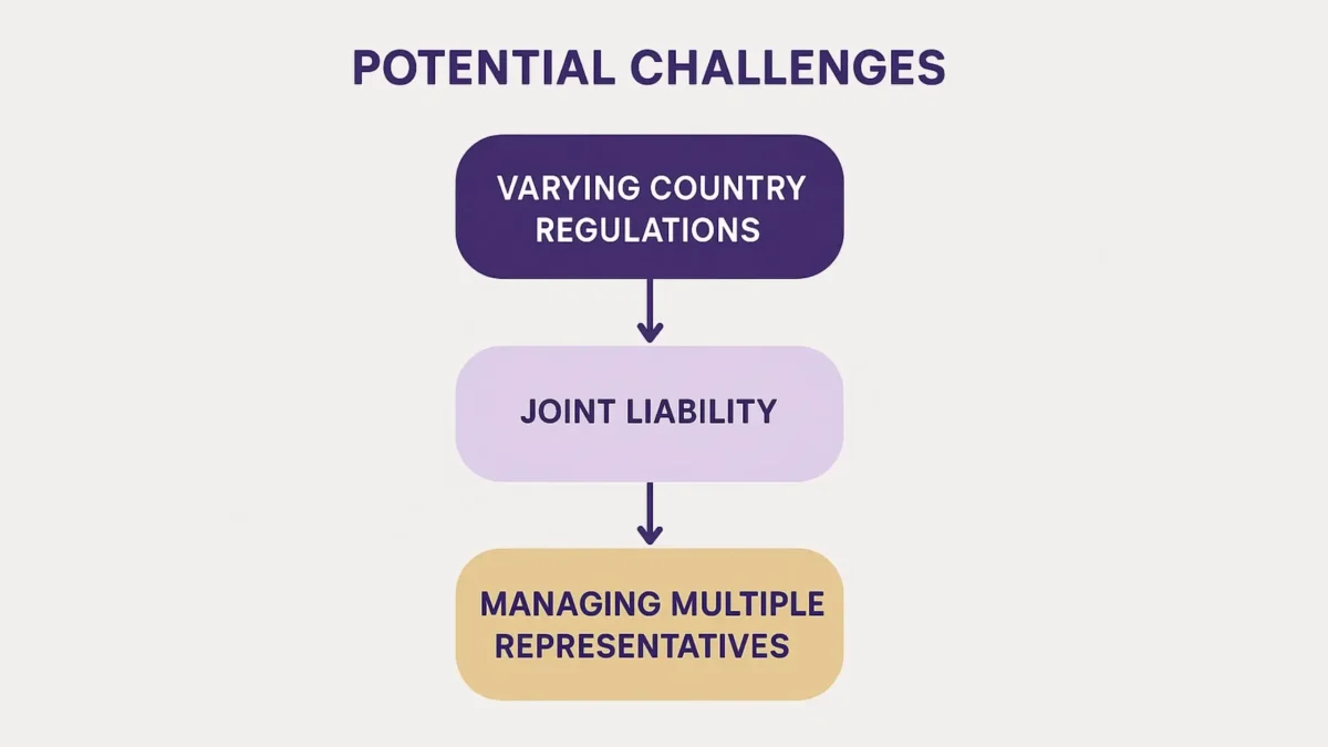 Infographic showing potential challenges of fiscal representation including varying country regulations, joint liability, and managing multiple VAT representatives.