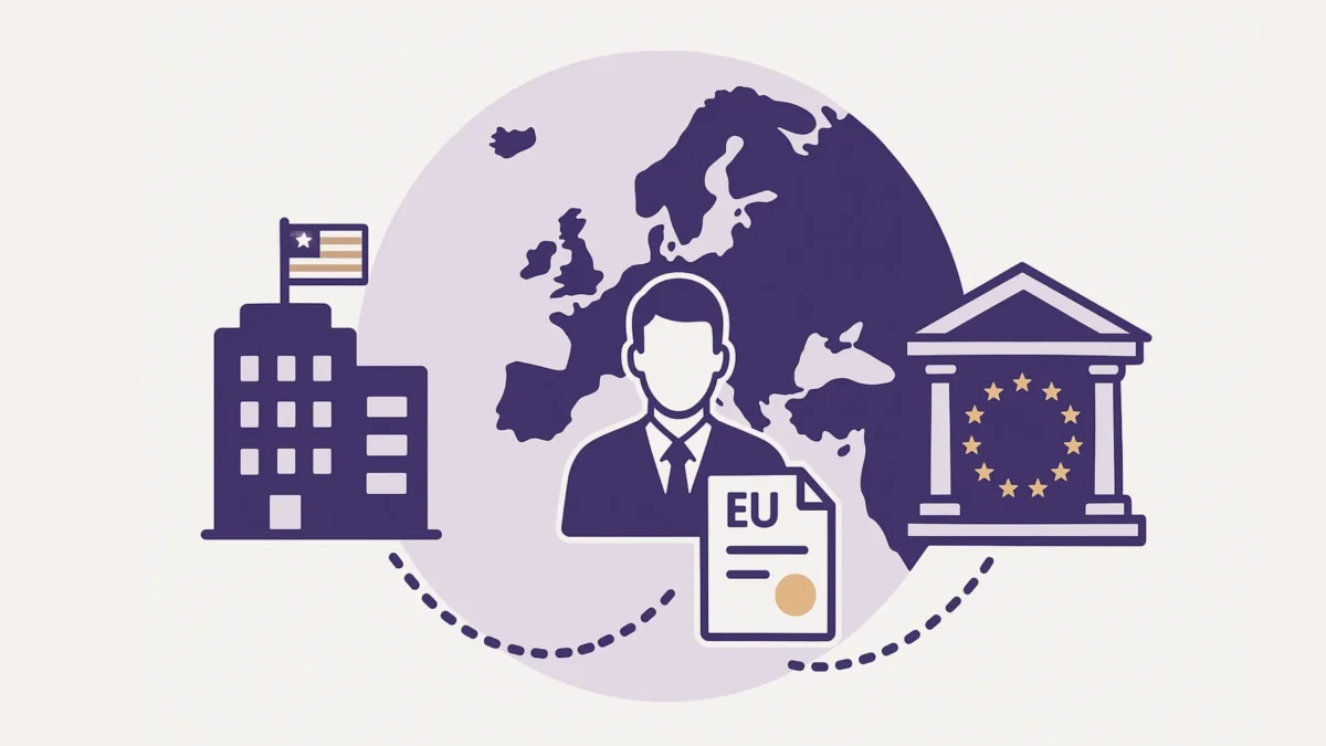 Visual explanation of EU fiscal representation with US company, VAT representative, and European tax authority.