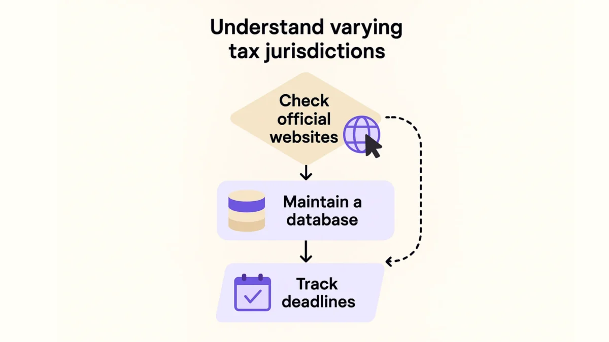 Global VAT and sales tax compliance infographic showing steps to check official websites, maintain a tax database, and track filing deadlines.
