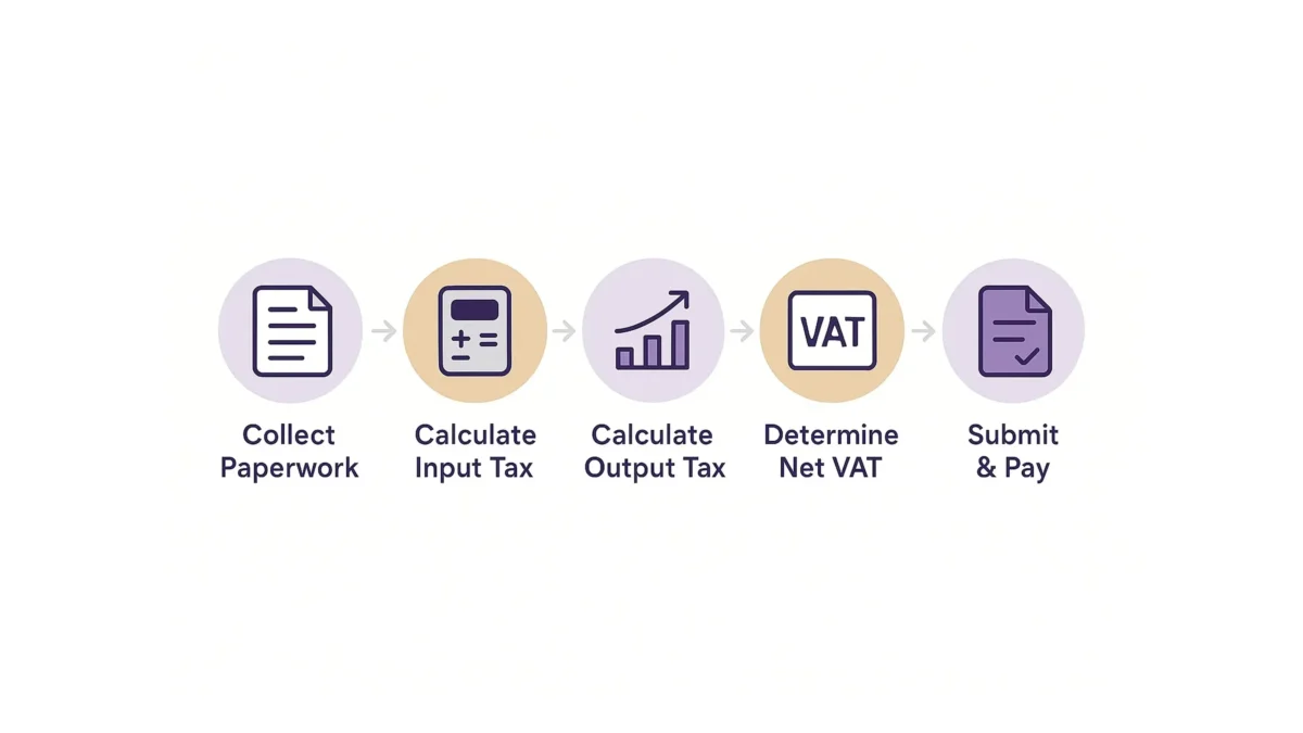 VAT return process infographic showing steps: collect paperwork, calculate input tax, calculate output tax, determine net VAT, and submit and pay.