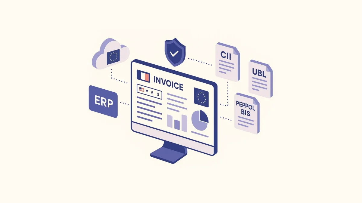 EU e-invoicing technology stack illustration with ERP integration, CII, UBL, and PEPPOL BIS formats ensuring VAT compliance across borders.