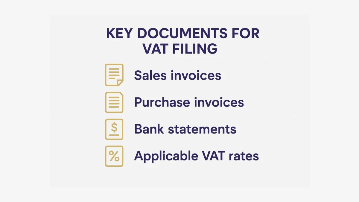 Key documents required for VAT filing including sales invoices, purchase invoices, bank statements, and applicable VAT rates, essential for accurate online VAT return submission.