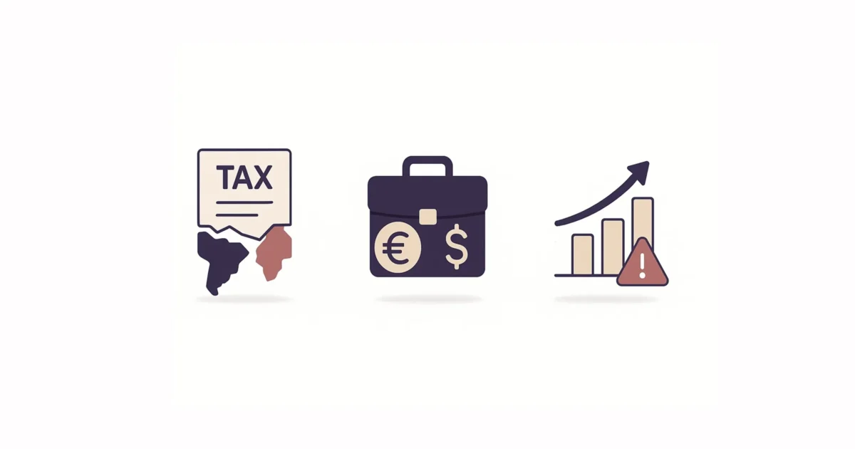 Icons showing tax disputes, cross-border finance, and compliance risks with growth chart for international taxation pitfalls.