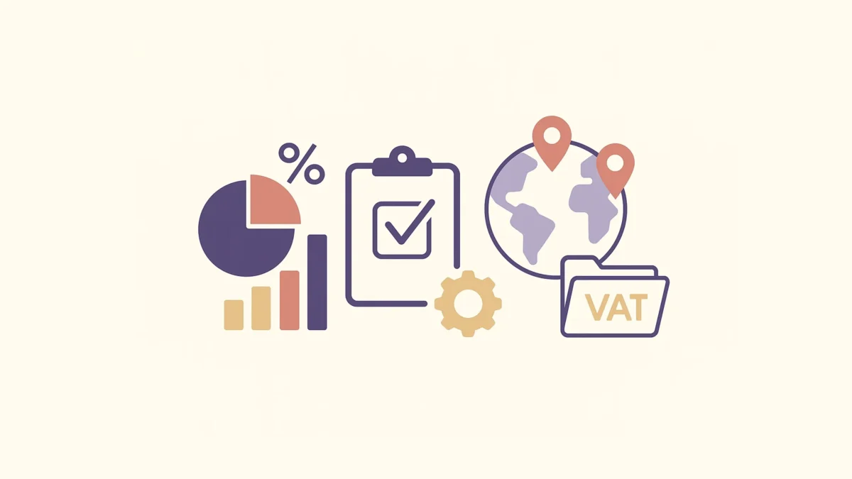 International sales tax illustration with VAT folder, global map, compliance checklist, and tax percentage chart for cross-border e-commerce registration.