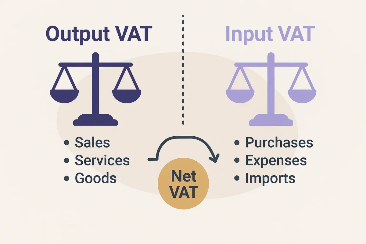 Illustration of Output VAT and Input VAT showing sales, services, goods versus purchases, expenses, imports to calculate net VAT.
