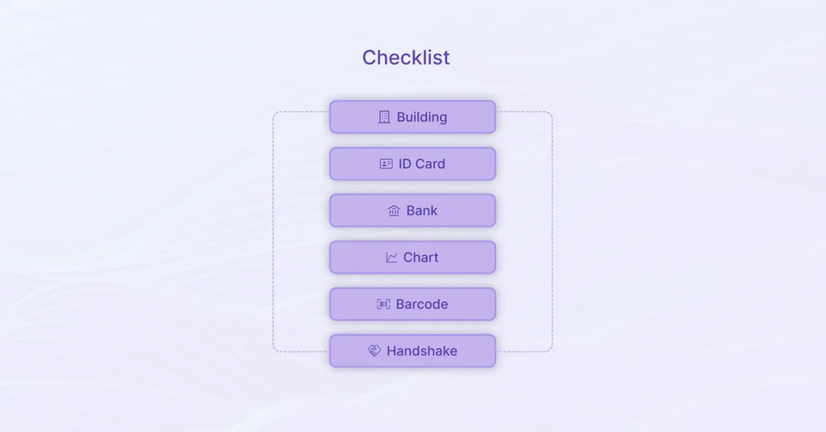 Minimalist checklist interface with six lavender buttons and icons on a soft violet, wave-patterned background, conveying a clean SaaS design.