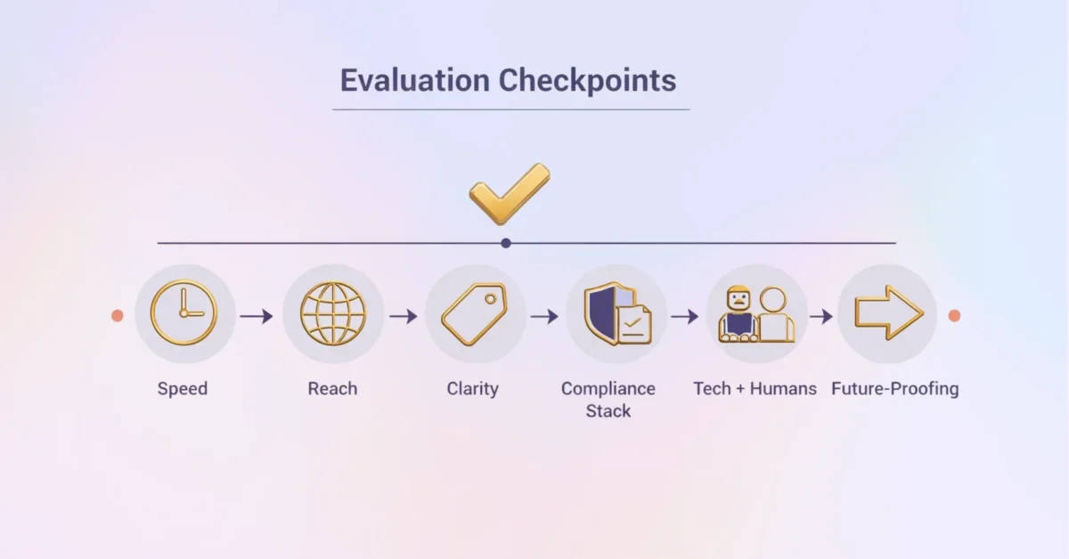 A clean UI infographic illustrates evaluation checkpoints such as speed, reach, clarity, compliance stack, tech plus human support, and future-proofing in a linear process