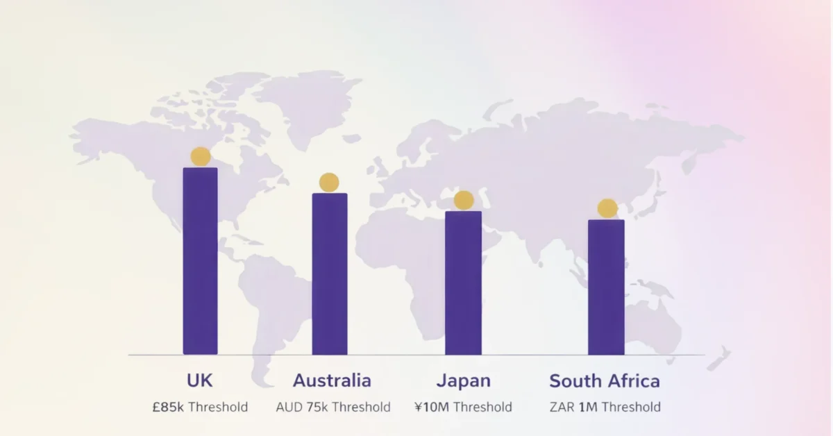 An infographic comparing tax thresholds across the UK, Australia, Japan, and South Africa using bar charts over a world map background