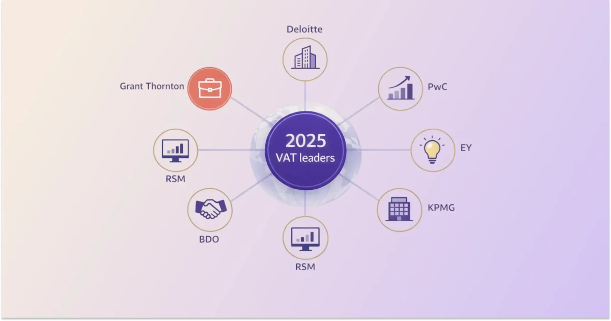 An infographic showing 2025 VAT leaders, with major consulting and accounting firms like Deloitte, PwC, EY, KPMG, Grant Thornton, BDO, and RSM connected around a central hub