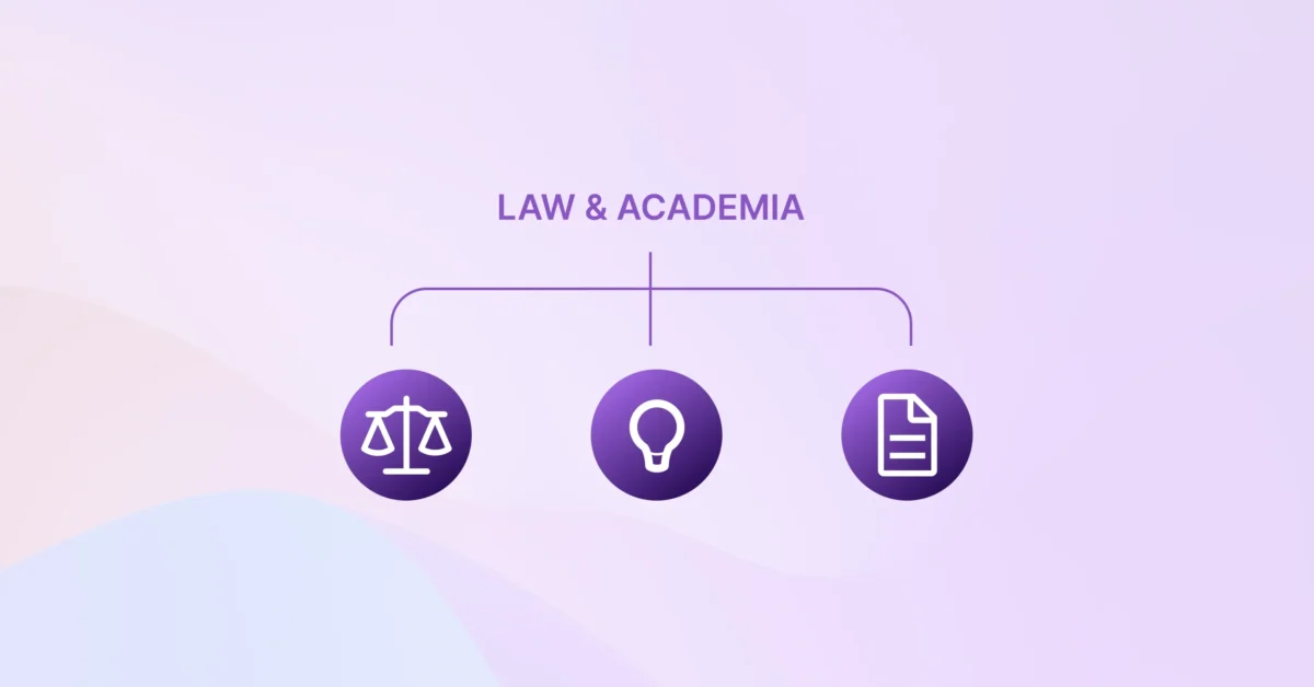 A clean infographic illustrating the relationship between law, academia, and knowledge using icons for justice scales, ideas, and legal documents on a modern pastel background