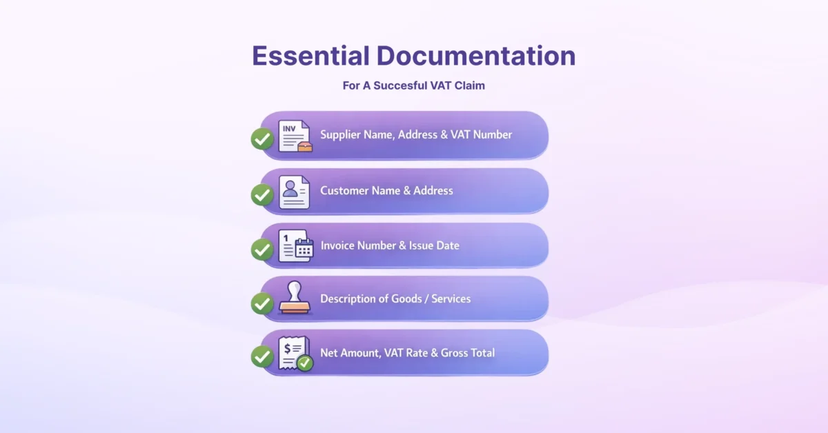 Checklist of essential documentation for a successful VAT claim, including supplier details, customer information, invoice data, goods description, and VAT amounts
