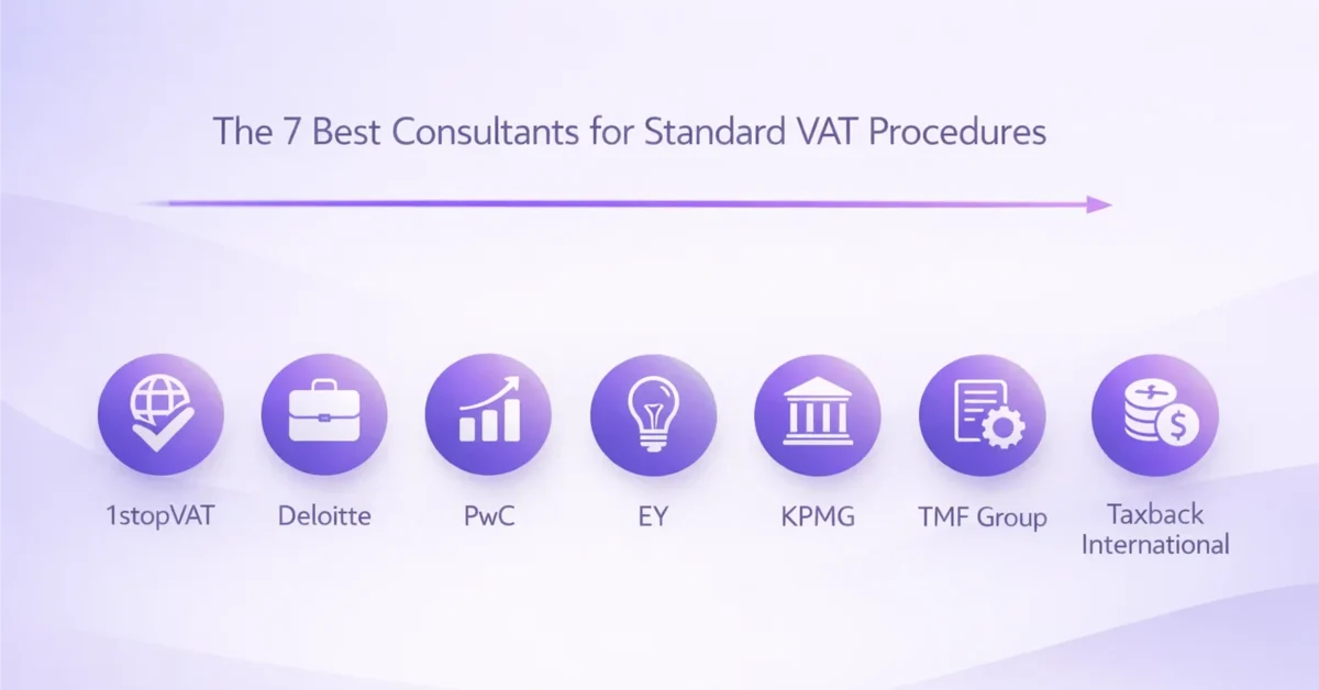 Infographic listing the 7 best consultants for standard VAT procedures including Deloitte, PwC, EY, KPMG, TMF Group, Taxback International, and 1stopVAT