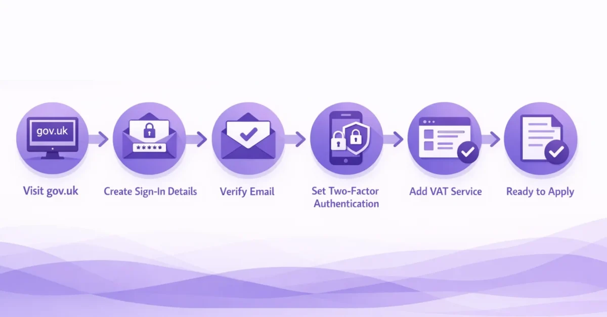 Step-by-step illustration of the GOV.UK VAT registration process including account creation, email verification, two-factor authentication setup, and service application.