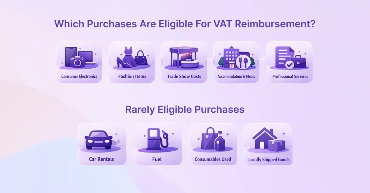 Infographic showing which business purchases are eligible for VAT reimbursement, including electronics, trade show costs, accommodation, and professional services versus rarely eligible expenses.