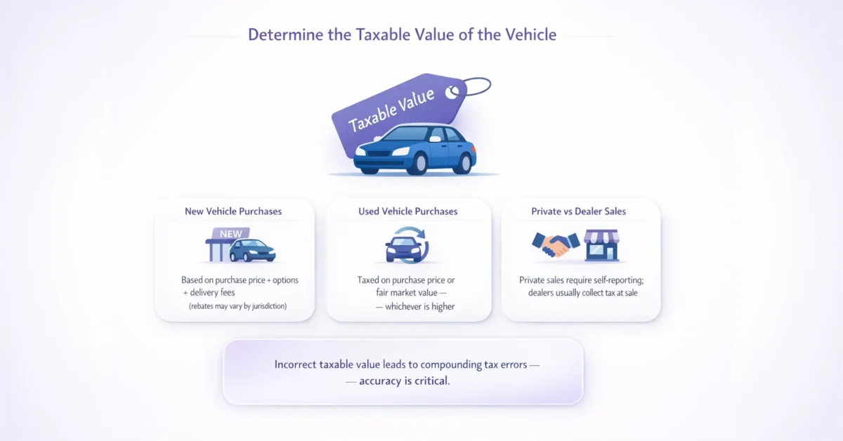 Infographic explaining how to determine vehicle taxable value for new, used, and private car sales.