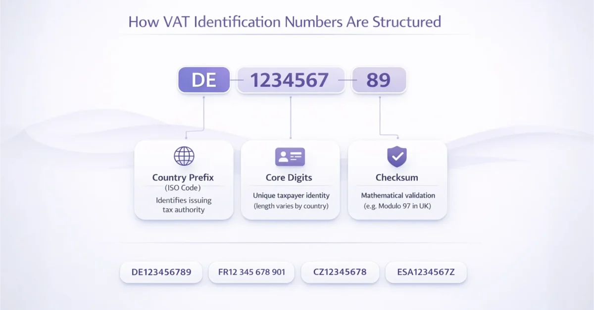 Infographic explaining VAT identification number structure, including country prefix (ISO code), core taxpayer digits, and checksum validation with EU examples