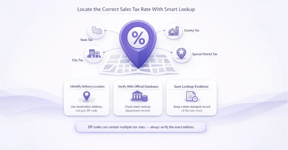 Diagram showing how to locate the correct sales tax rate by identifying state, county, city, and special district taxes based on the delivery address