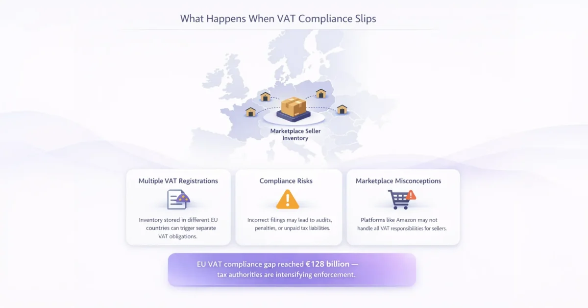 Infographic showing what happens when EU VAT compliance fails for marketplace sellers, including multiple VAT registrations and compliance risks