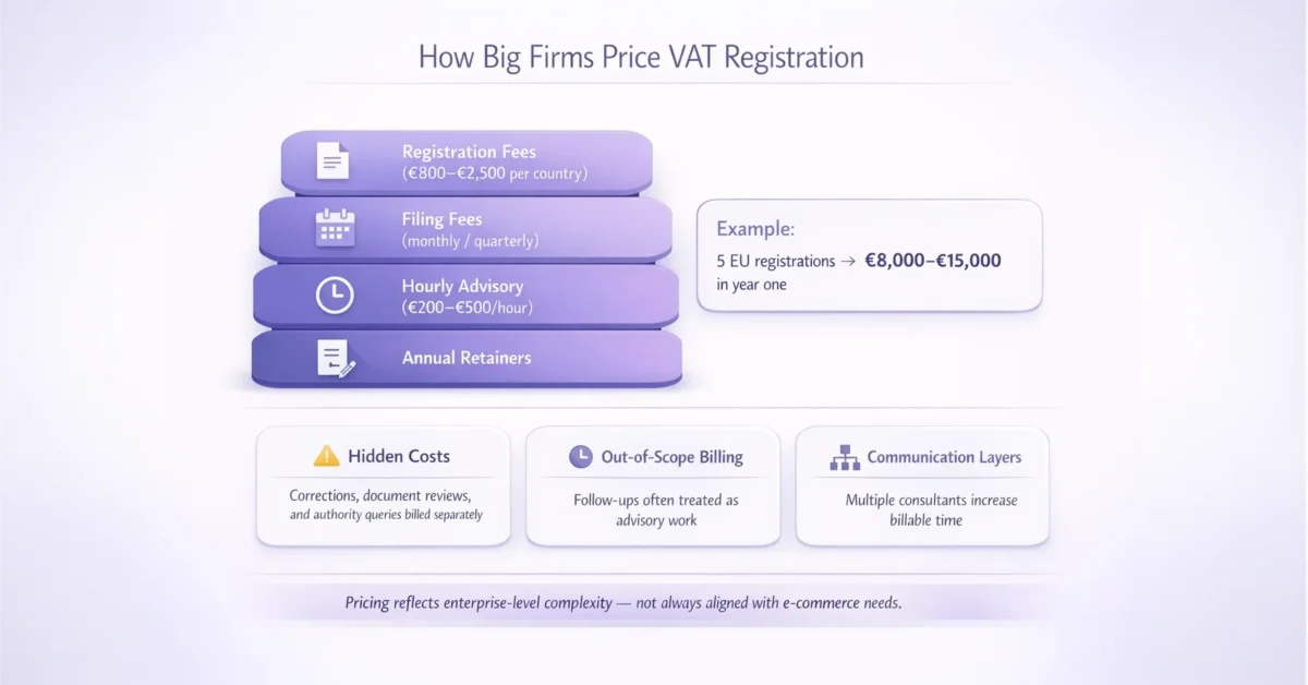 Infographic showing VAT registration costs including fees, advisory rates, filing costs, and hidden expenses in the EU.