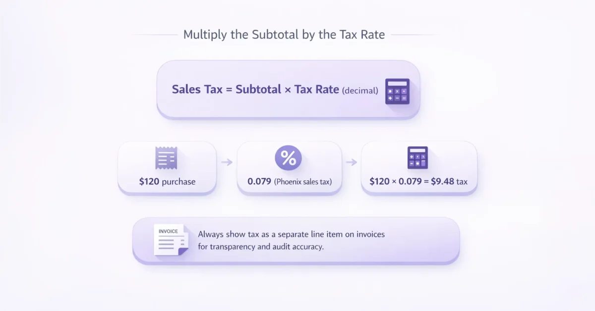 Infographic explaining the sales tax calculation formula showing subtotal multiplied by tax rate with an example purchase