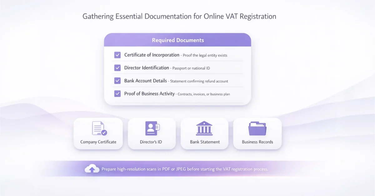 Infographic showing required documents for online VAT registration including certificate of incorporation, director identification, bank statement, and business records.