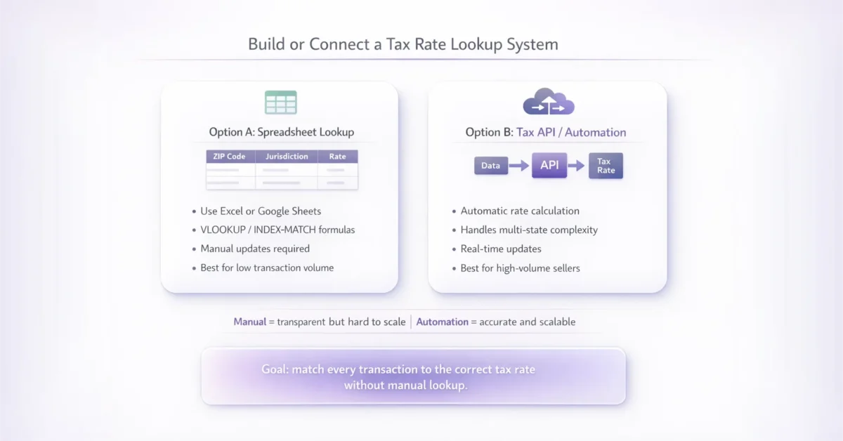 Diagram comparing spreadsheet tax rate lookup and API automation for calculating sales tax rates efficiently