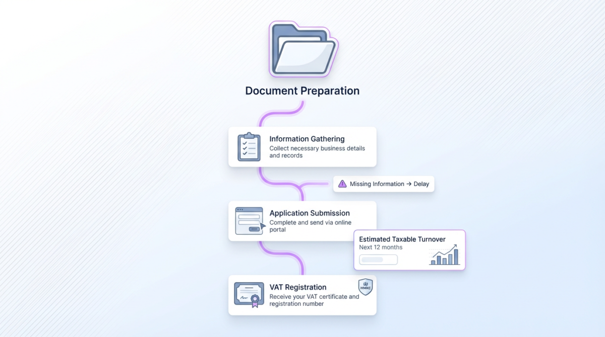 Abstract vertical flow illustration depicting the VAT application process with icons for each step and a minimalist design.