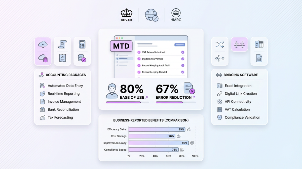 Abstract informational dashboard with central VAT compliance UI, flanked by accounting and bridging software panels, and a minimalist bar chart.