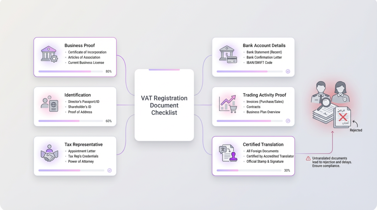A clean data dashboard featuring a central card for VAT registration, surrounded by six document icons, with soft shadows and a light gray background.