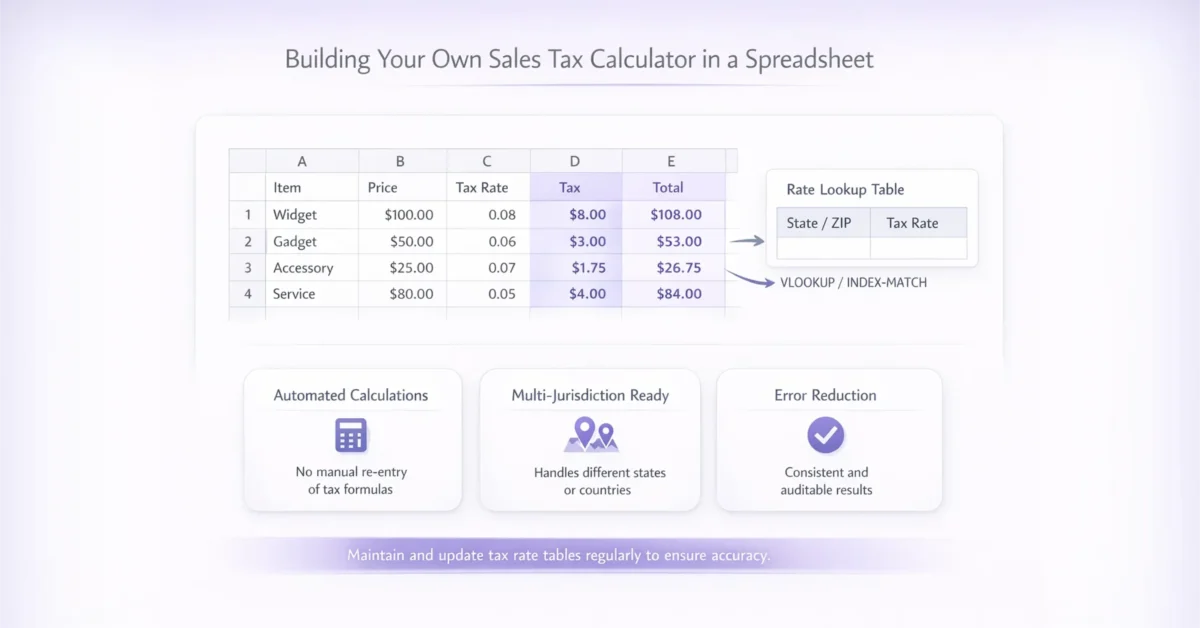Spreadsheet example of a sales tax calculator using VLOOKUP with item prices, tax rates, calculated tax, and total amounts