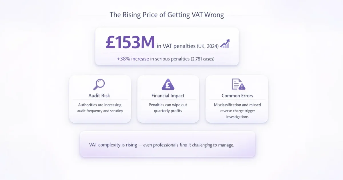 Infographic showing rising VAT penalties in the UK with £153M fines, audit risk, financial impact, and common VAT errors