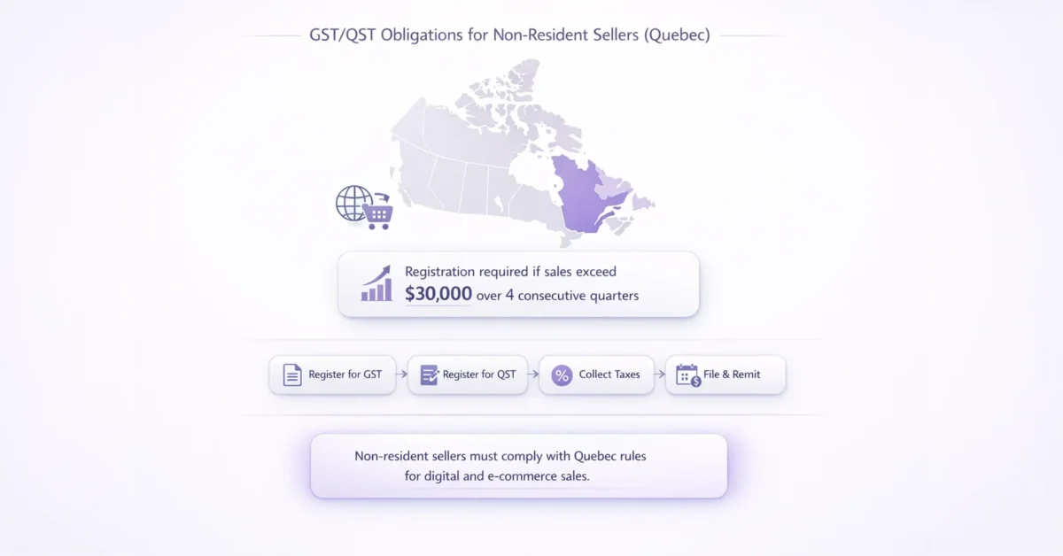 Infographic showing GST and QST obligations for non-resident sellers in Quebec with $30000 registration threshold and compliance steps