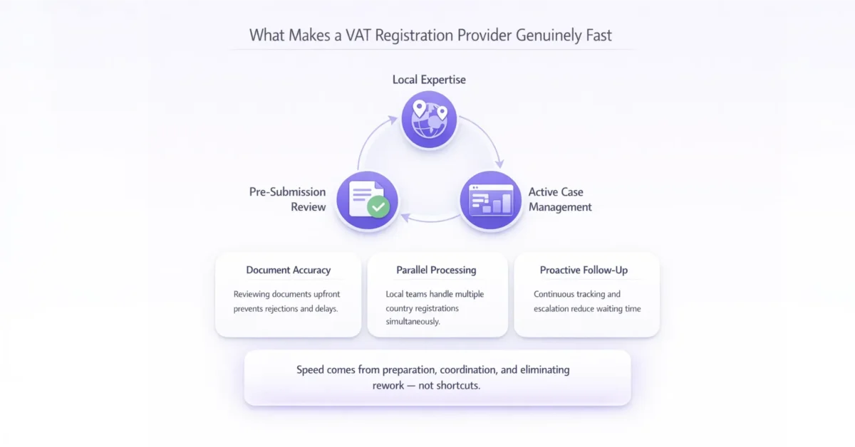 Infographic showing key factors of a fast VAT registration provider, including local expertise, pre-submission review, active case management, document accuracy, parallel processing, and proactive follow-up.