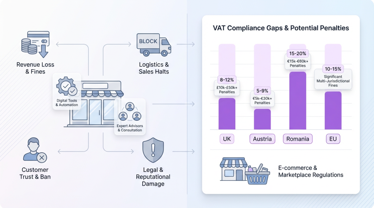 A split-layout infographic showing a business storefront with VAT non-compliance risks on the left and a minimalist bar chart on the right.
