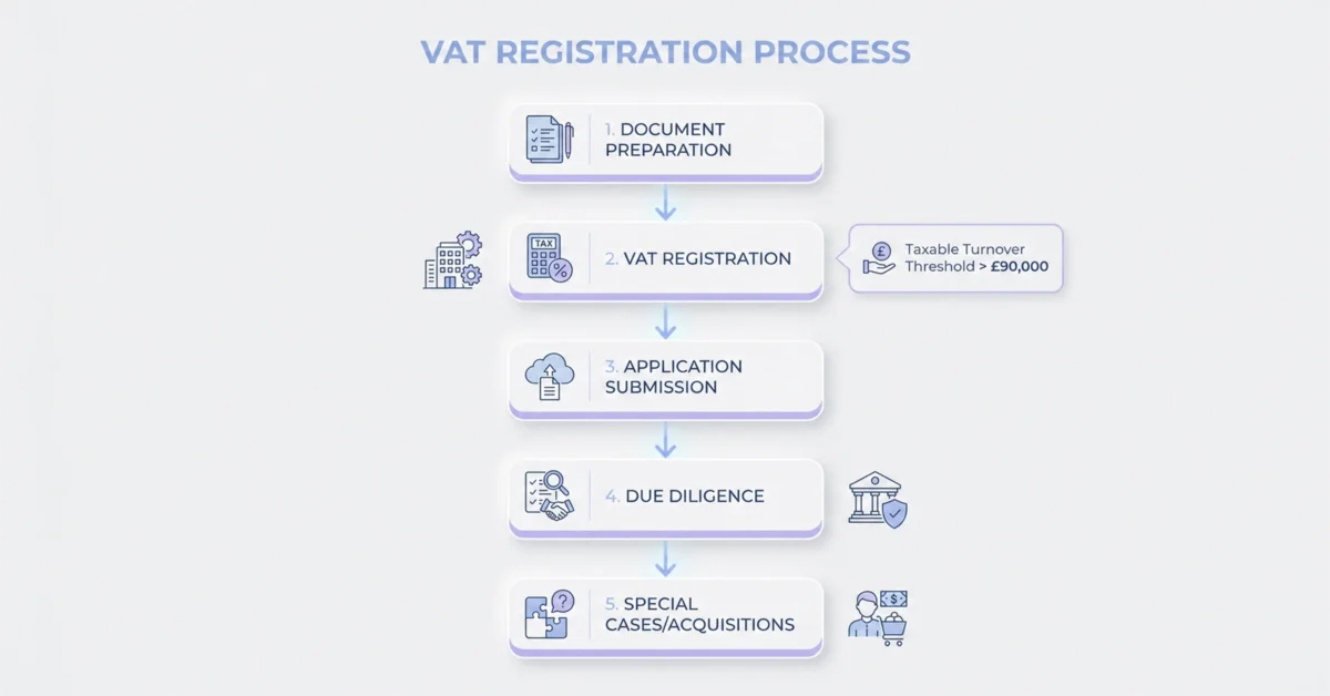Step-by-step VAT registration process diagram showing document preparation, VAT registration, application submission, due diligence, and special cases/acquisitions
