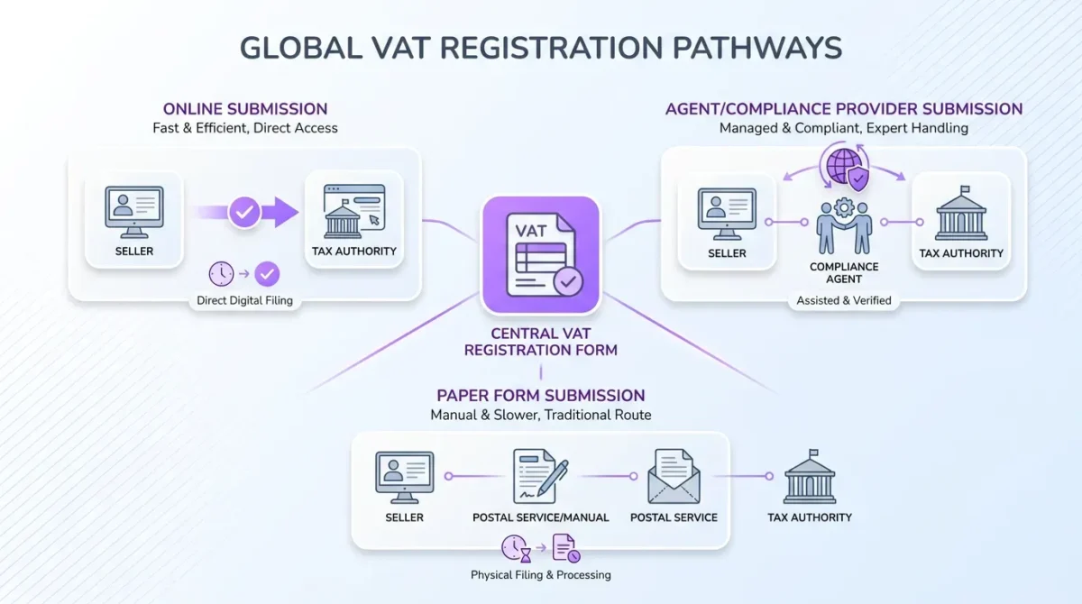A compliance-themed infographic featuring a central VAT registration form icon, connected to three clusters for submission methods on a soft gradient backgro…