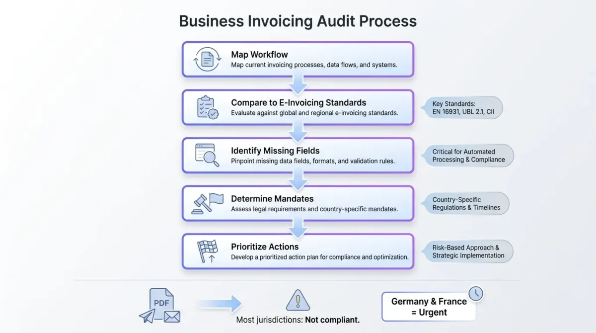 Modern tech infographic depicting a business invoicing audit flowchart with muted blue icons, annotations, and compliance warnings.