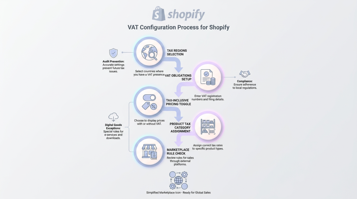 Vertical infographic detailing the step-by-step process for configuring VAT on Shopify, featuring smooth icons and soft arrows.