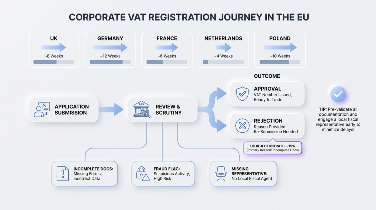 Infographic illustrating the corporate VAT registration journey in the EU, featuring a timeline and mini-charts on a light gray background.