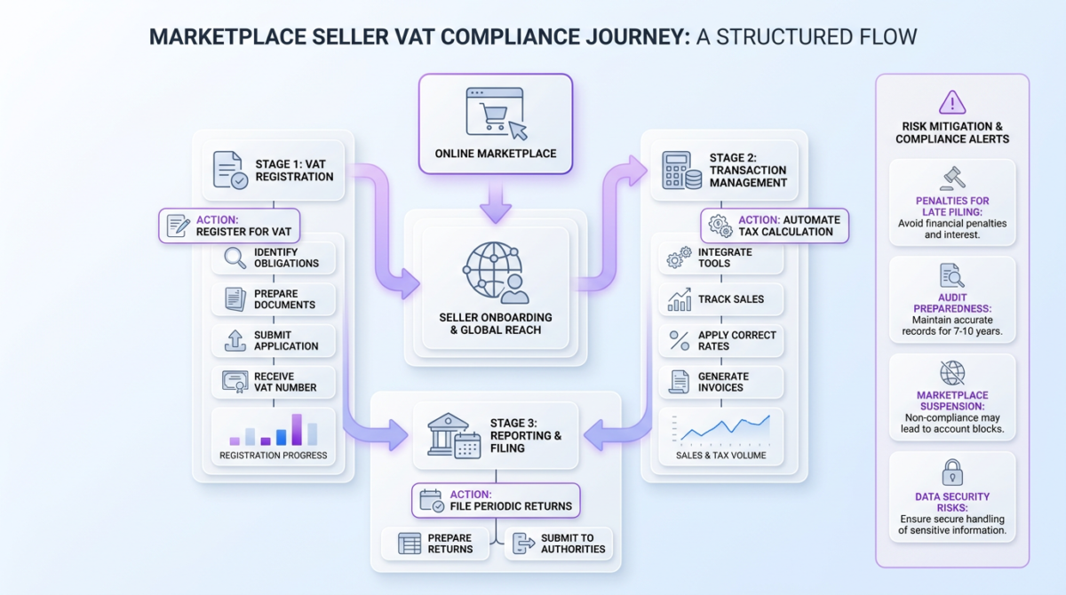 Infographic guiding marketplace sellers through VAT compliance, featuring a central flow diagram, muted colors, and structured layout.