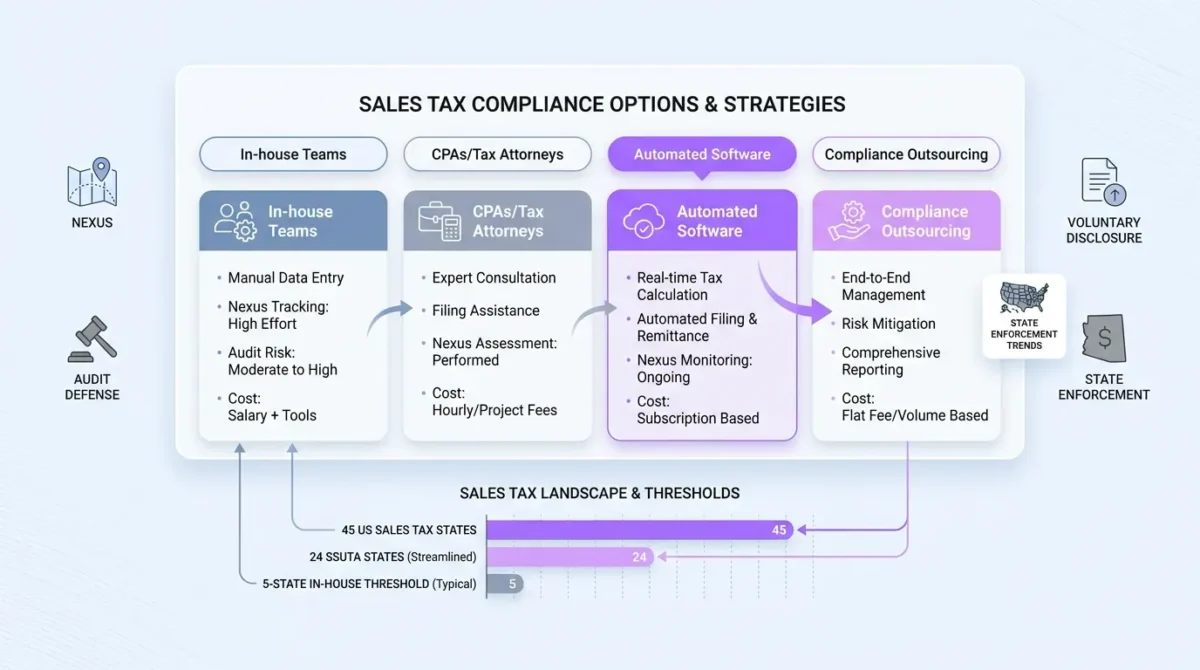 SaaS infographic comparing sales tax compliance options with a central panel, icons, and a minimalist bar chart on a soft gradient background.