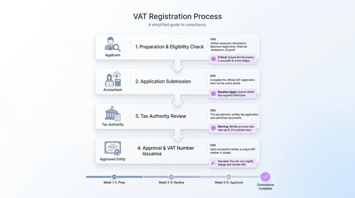 Modern compliance UI illustration of a VAT registration flowchart with soft-edged boxes, muted icons, and a sleek timeline on a white background.